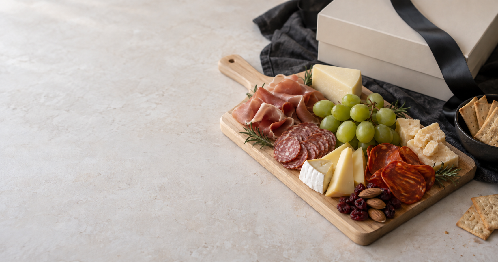 Concepto de tabla con quesos, jamón serrano, salami, pepperoni y uvas verdes