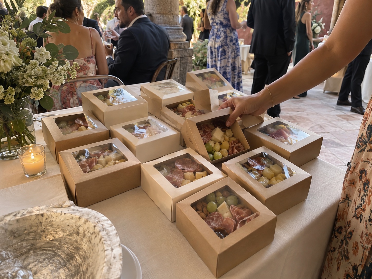Concepto visual de cajitas de charcutería para invitados en un evento