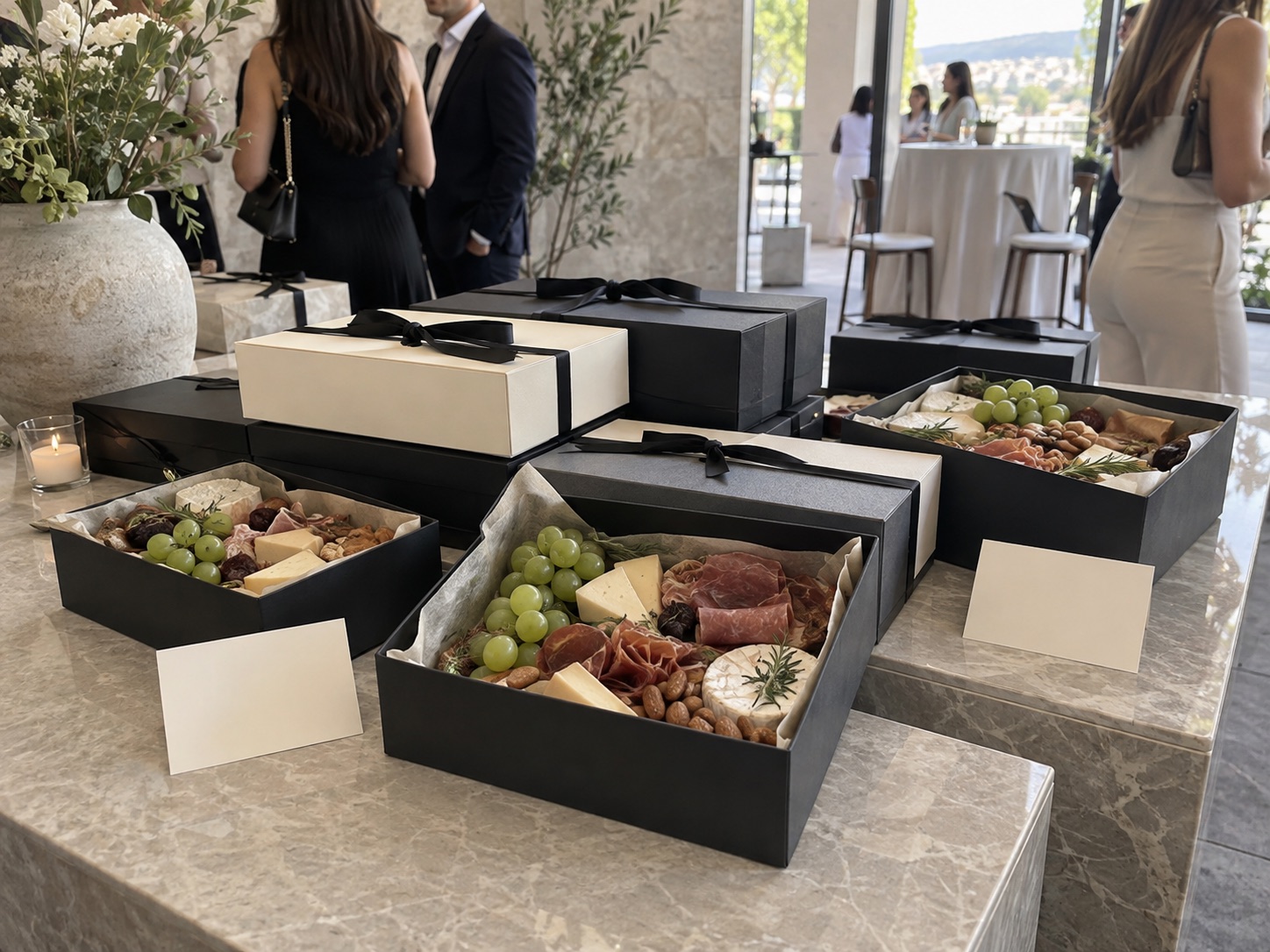 Concepto visual de cajas premium de charcutería para regalos corporativos