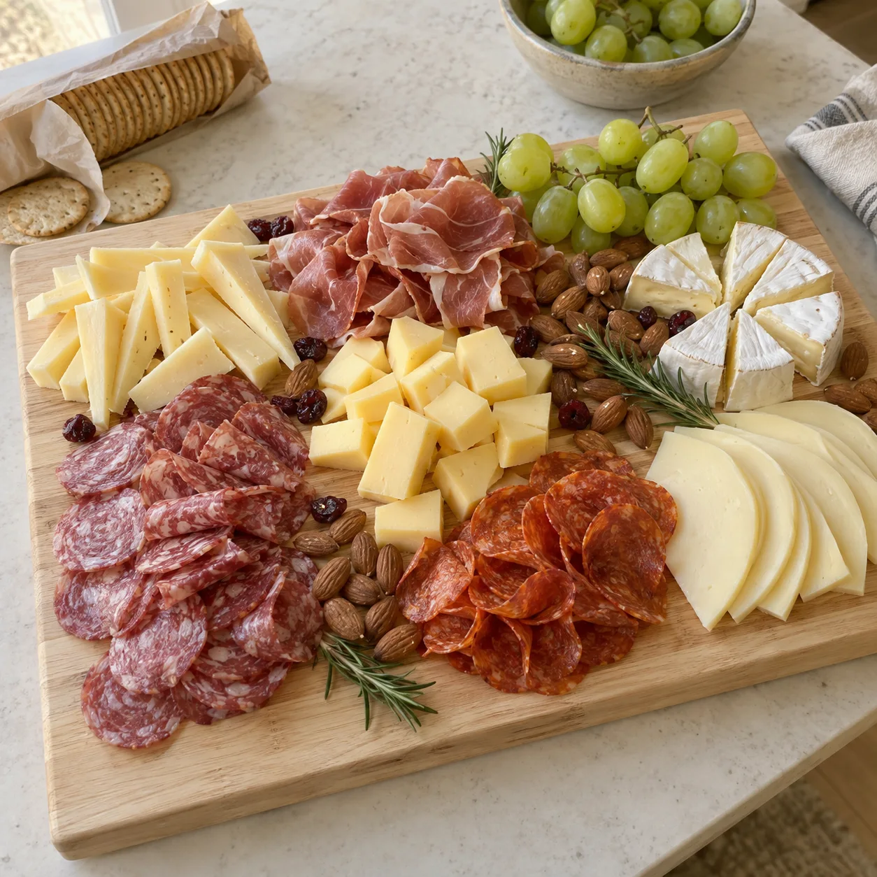 Concepto visual de Gran Tavola, tabla de quesos y charcutería para 8 personas sobre madera rectangular